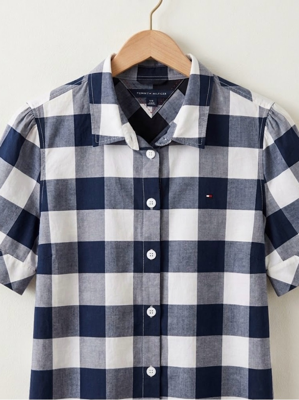 Tommy Hilfiger Blue & White Buffalo Plaid Button-Up Top - Size Large
